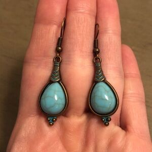 Faux Turquoise Bronze Tone Teardrop Fashion Jewelry Earrings